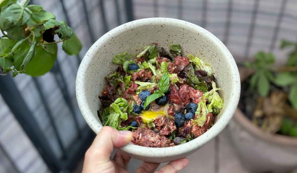 BARF-Mahlzeit für Hunde, abgestimmt von einer Ernährungsberaterin, bestehend aus Rindermuskelfleisch, Innereien-Mix, Basmati-Reis, Gemüse-Mix, Blaubeeren, Ölen, Knochenmehl, Seealgenpulver und Basilikum.